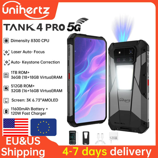 【Ship from US EU】Unihertz 8849 Tank 4 Pro Smartphone Android 14 with 720P Projector 36GB+1TB Dimensity 8300 5G 11600mAh AMOLED