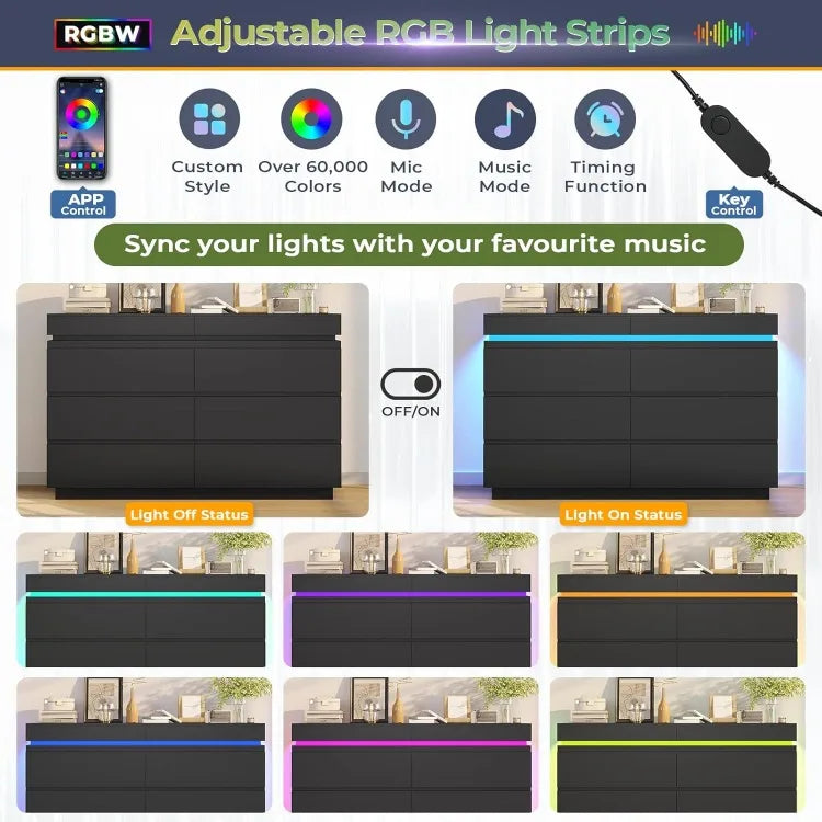 Modern 6 Drawer Dresser with Sliding Desktop, Wide Chest of Drawers with Charging Station & LED Lights, Large Storage Tow
