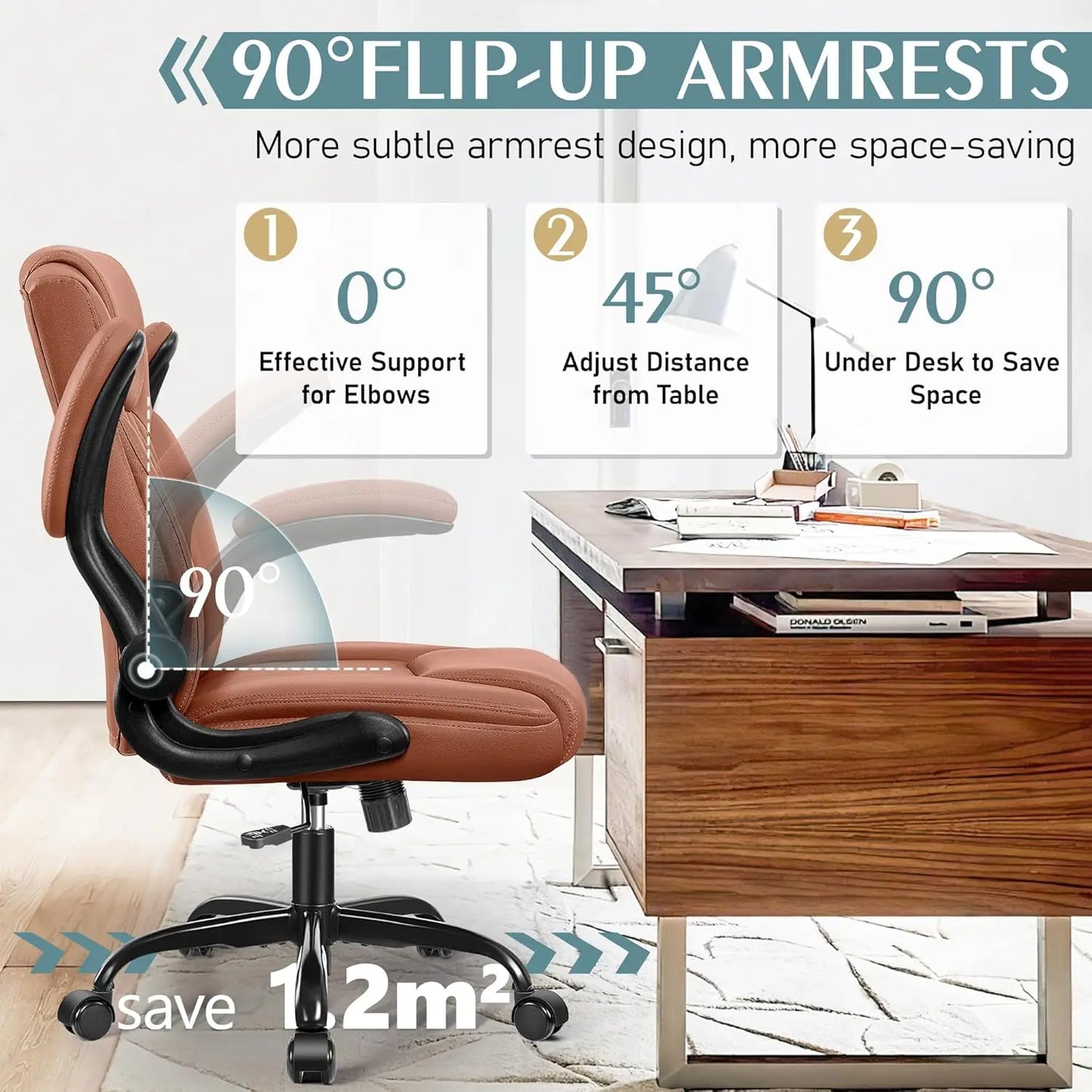 Brown PU Chair for Short People: Compact Ergonomic Office & Gaming w/ Adjustable Arms, 360° Swivel