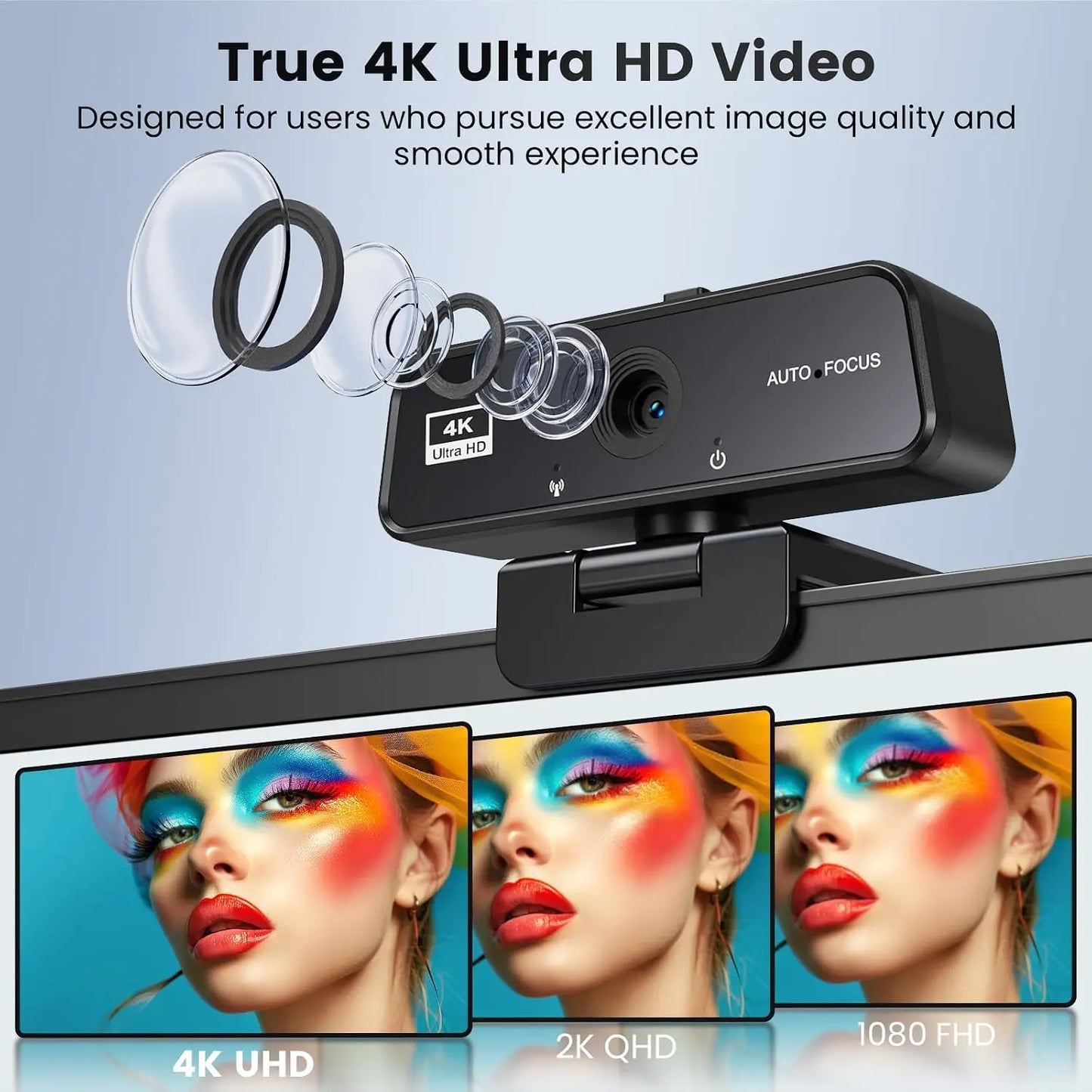 4K Webcam for PC Streaming, HD External USB Camera with Microphone, 90° Wide Angle, Plug and Play for Desktop, Laptop, Monitor, PS5, Zoom, Skype