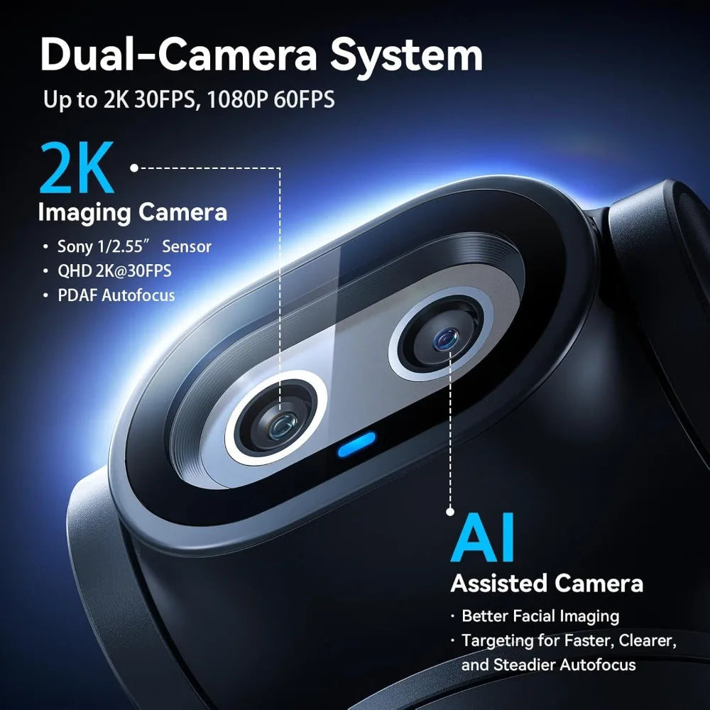 Dual-Camera AI PTZ 2K Webcam with Auto-Tracking, Gesture Control, 3 Mics, 310° Pan, for Streaming