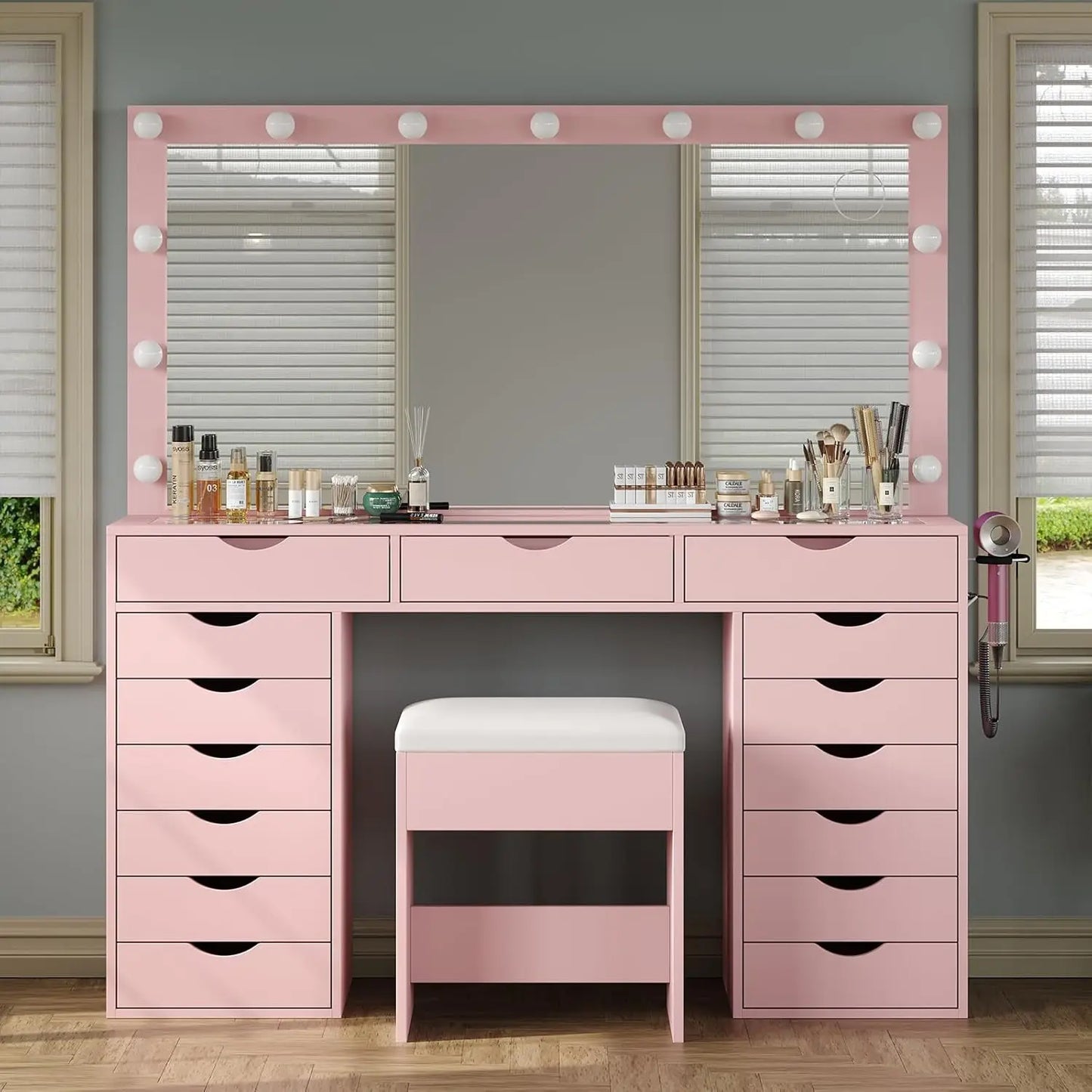 Vanity Desk with Mirror and Lights, Makeup Table with Charging Station, 3 Color Lighting Modes, 15 Drawers Dressing, Customized