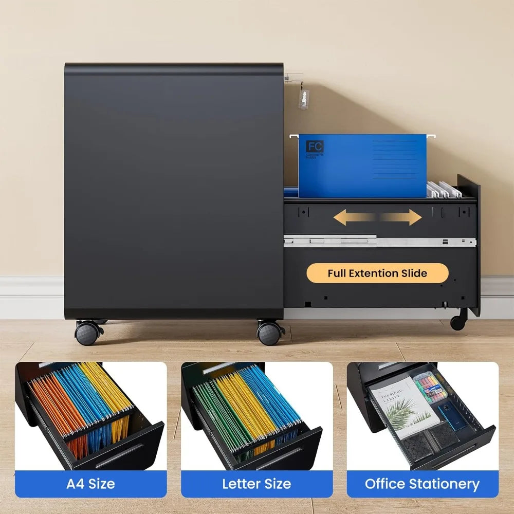 Mobile Filing Cabinet 3 Drawer, Rolling Small File Cabinet with Keys Under Desk, Compact Office Organizer w/Lockable Drawers & A