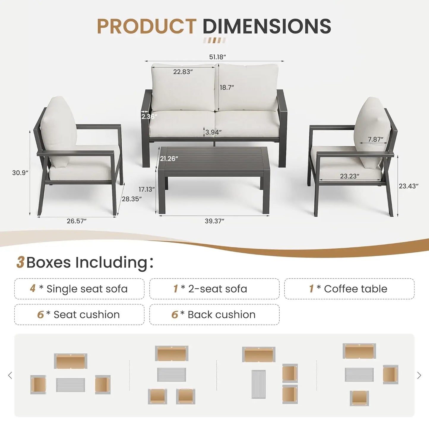 Aluminum Patio Conversation Set 6 Pieces Metal Deck Outdoor Furniture 6-Seat All-Weather Rust-Proof Sectional Sofa Set, Custom
