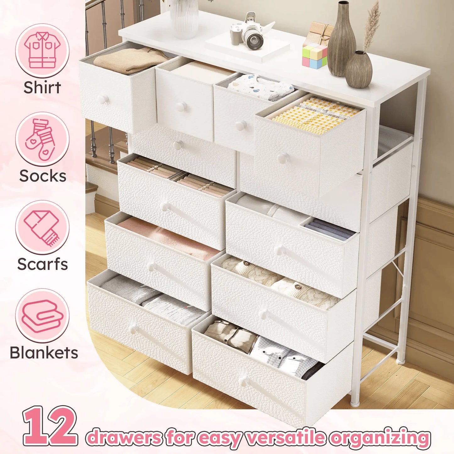 12-Drawer Tall Fabric Dresser – Metal Frame, Wood Top, Anti-Tip – 38.97"W – For Bedroom, Entryway, Living Room, Closet, Dorm