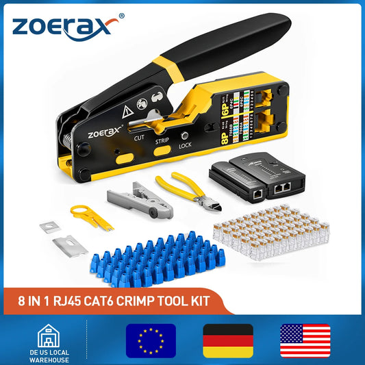 ZoeRax 8 in 1 RJ45 Crimp Tool Kit,Crimper tool,Cable Tester,Wire Cutter,Blades,50Pcs Cat 6 Connectors and Strain Relief Boots