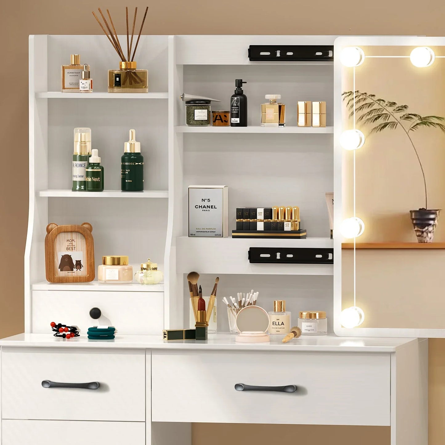 White Vanity Dressing Table Set with Sliding Mirror 6 Drawers LED Lights 3 Color Dimmable Stool Storage Makeup Desk for Bedroom
