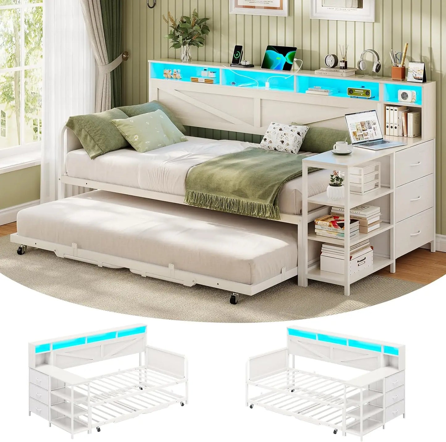 Daybed Twin with Pop Up Trundle, Farmhouse Wooden Day Bed Frame with 3 Storage Drawers and Shelves, Twin to King Daybedy