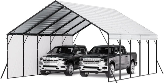 20x24 ft Heavy Duty Metal Carport, Outdoor Car Shelter with Removable PE Sidewalls, Steel Frame Garage for Car, Truck, Boat