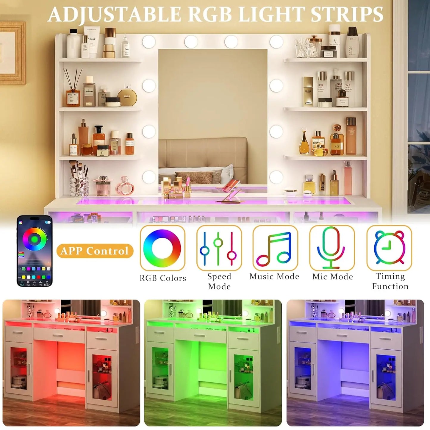 Makeup Vanity with 3-Color Lighting & Mirror, Transparent Top, 3 RGB Drawers and 6 Open Shelves, Customized