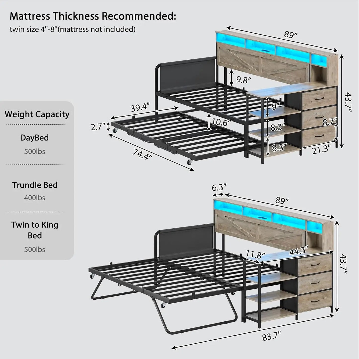 Daybed Twin with Pop Up Trundle, Farmhouse Wooden Day Bed Frame with 3 Storage Drawers and Shelves, Twin to King Daybedy