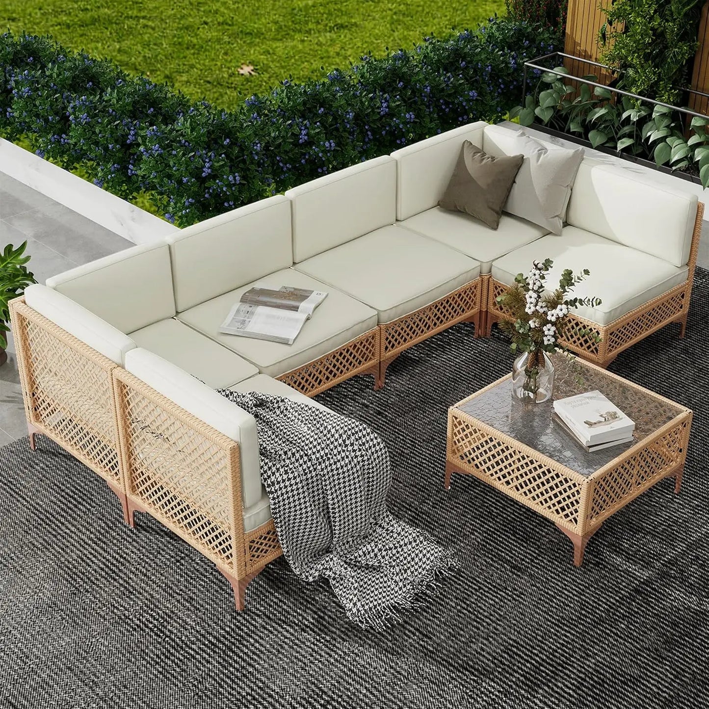 Boho Chic Outdoor Sectional Set - Wicker Sofa & Tempered Glass Coffee Table