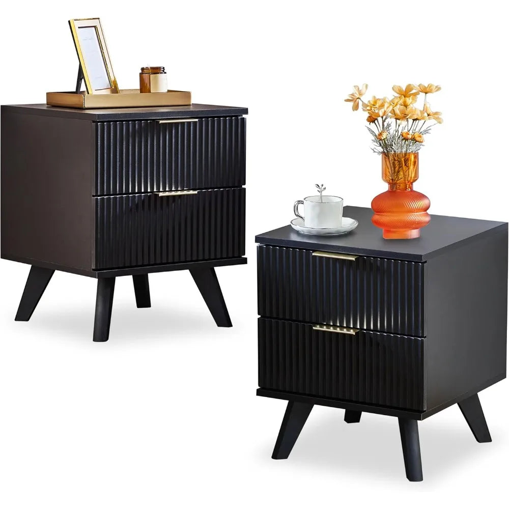 Fluted Nightstand, Mid Century Modern 2 Drawer Bedside Table for Bedroom, Small Dresser Night Stand Side Table End Tables with W