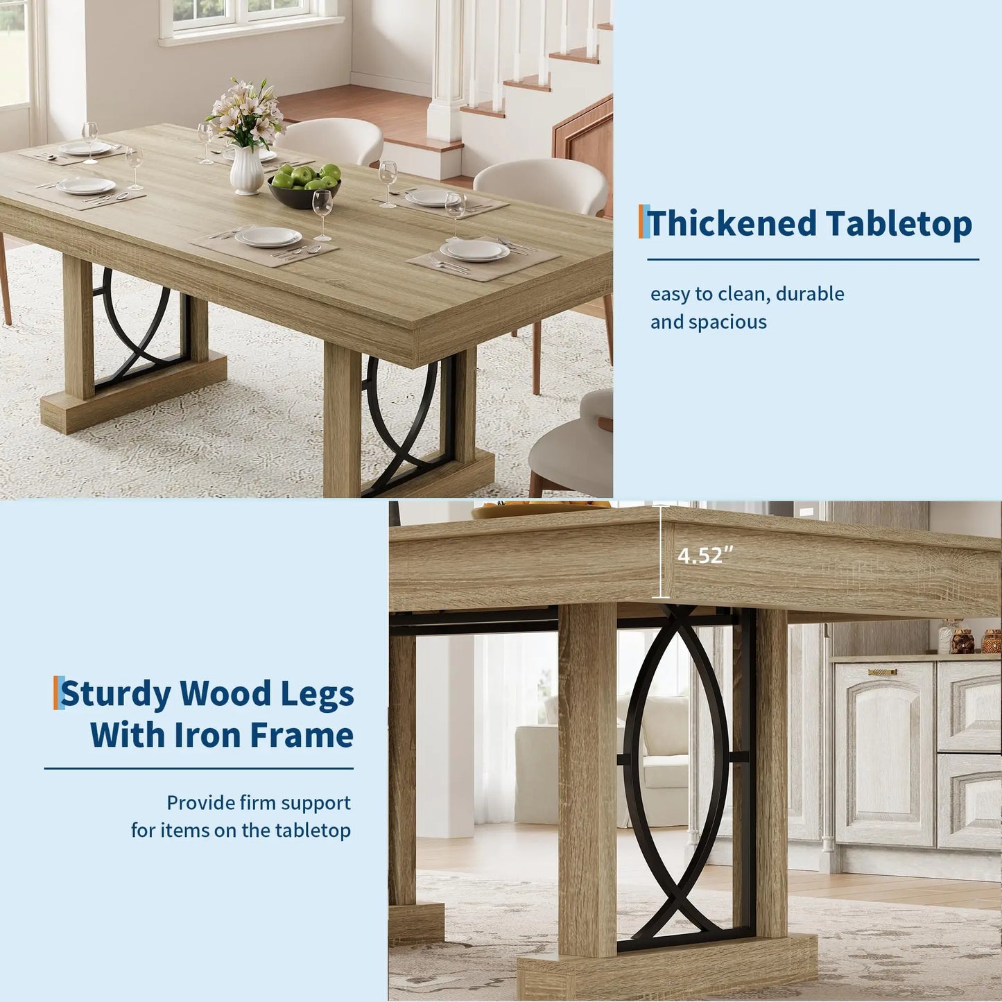 Large 71 Inch Dining Table With 2 Storage Drawers For 6-8, Rustic Wood Kitchen Table, Heavy Duty Base, Home Office Desk