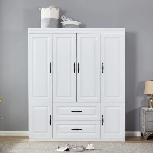 Modern 4-Door 2-Drawer Wooden Armoire Wardrobe Closet with Hanging Rods Large Capacity Bedroom Storage White Customized