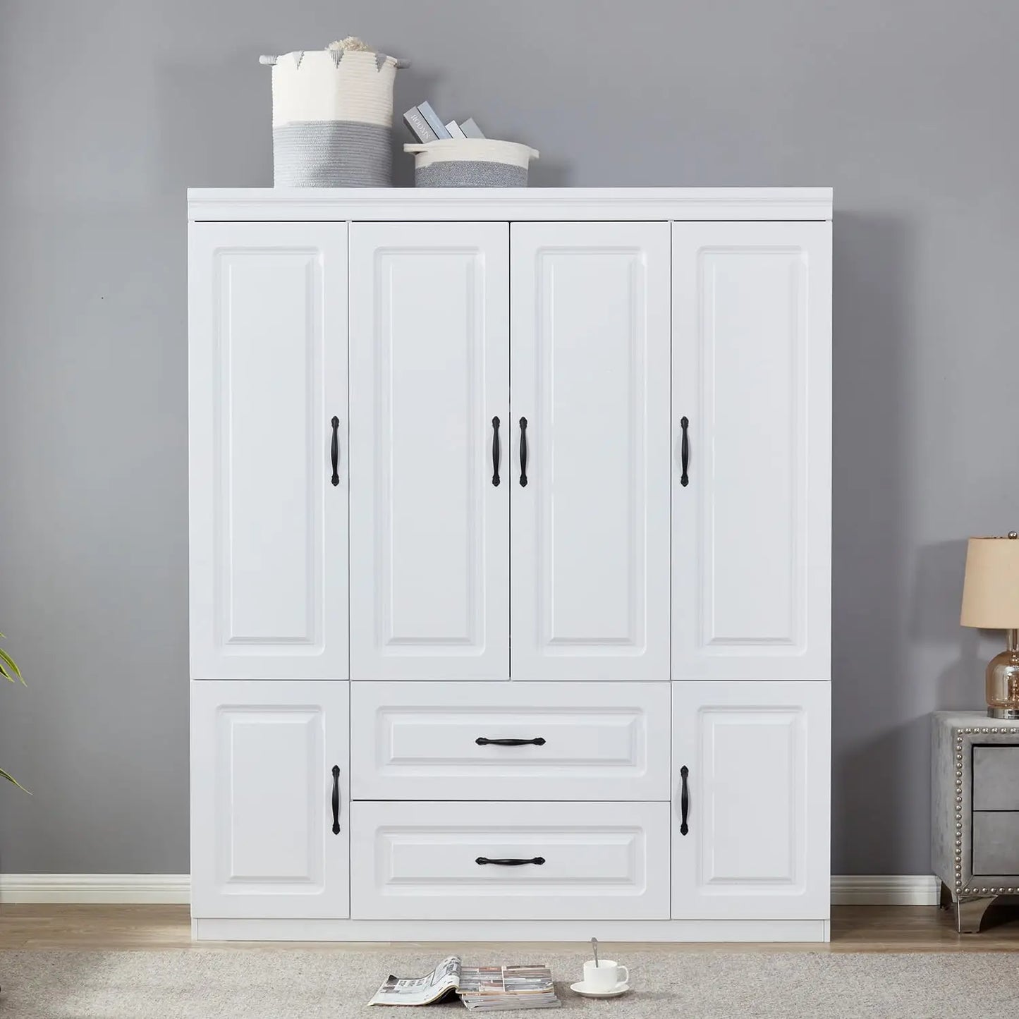 White Wooden Armoire 4 Door 2 Drawer 2 Rod Shelf Bedroom Storage Cabinet, Customized