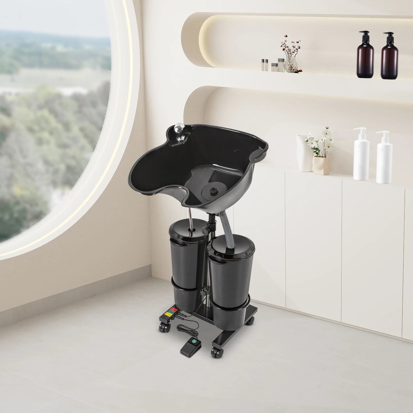 Mobile Hair Wash Basin Height Adjustable For Salon Spa Portable Shampoo Basin with 2 Water Buckets