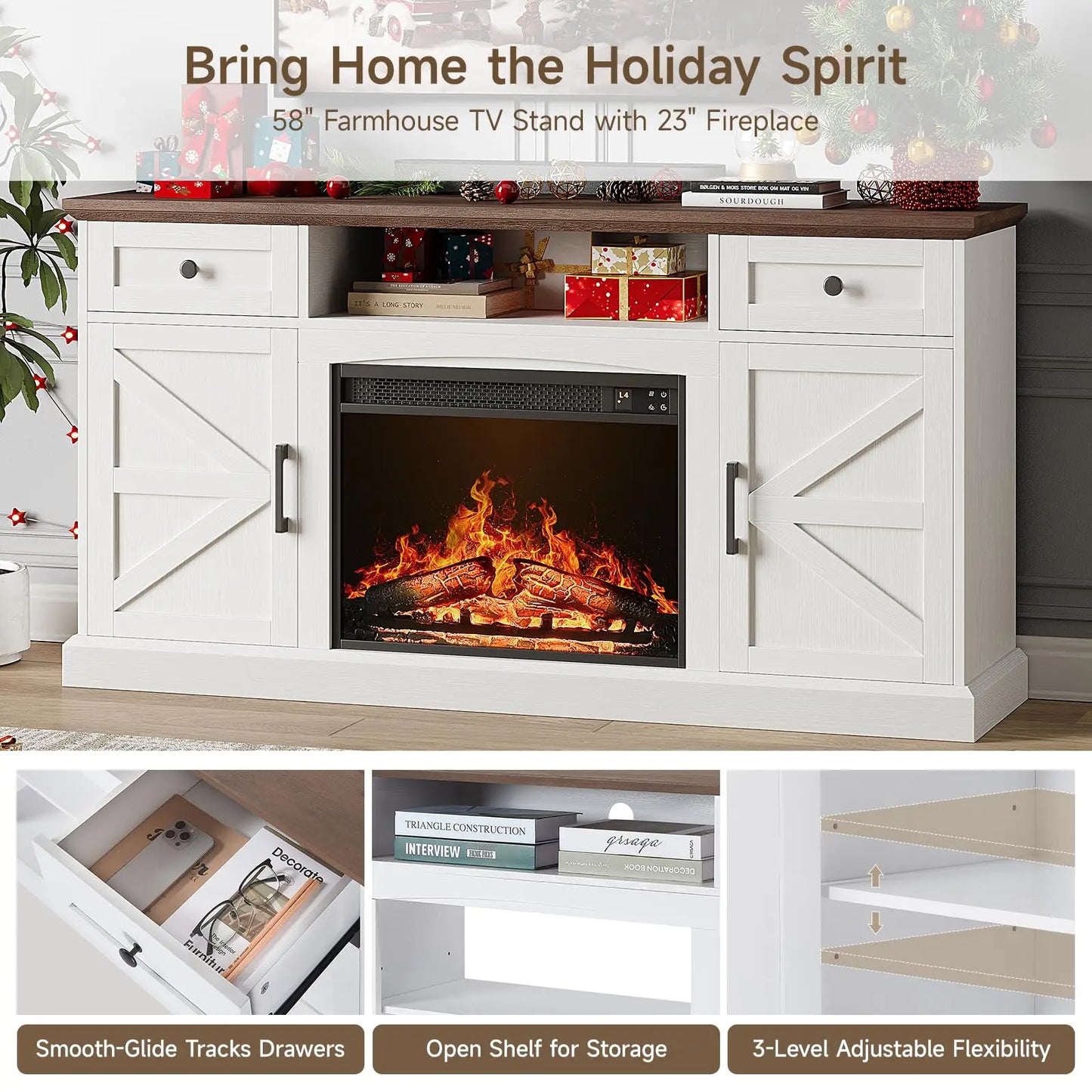 Farmhouse TV Stand with 23-Inch Electric Fireplace, Entertainment Center for TVs Up to 70 Inches, Media Console Table with Drawers and Storage, Antique White