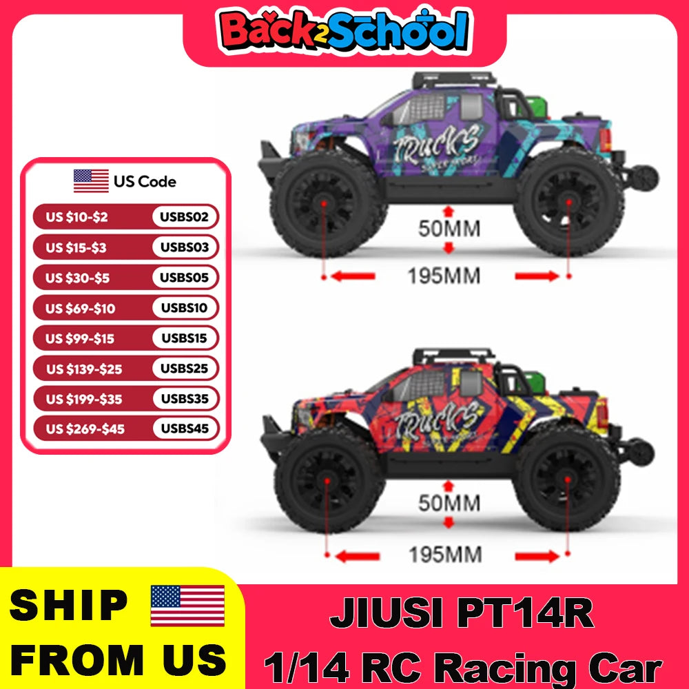 JIUSI PT14R 1/14 RC Racing Car 3S Battery 4WD 80km/h Brushless Motor 2.4G Remote Control 35C High Speed Off-road RC Truck