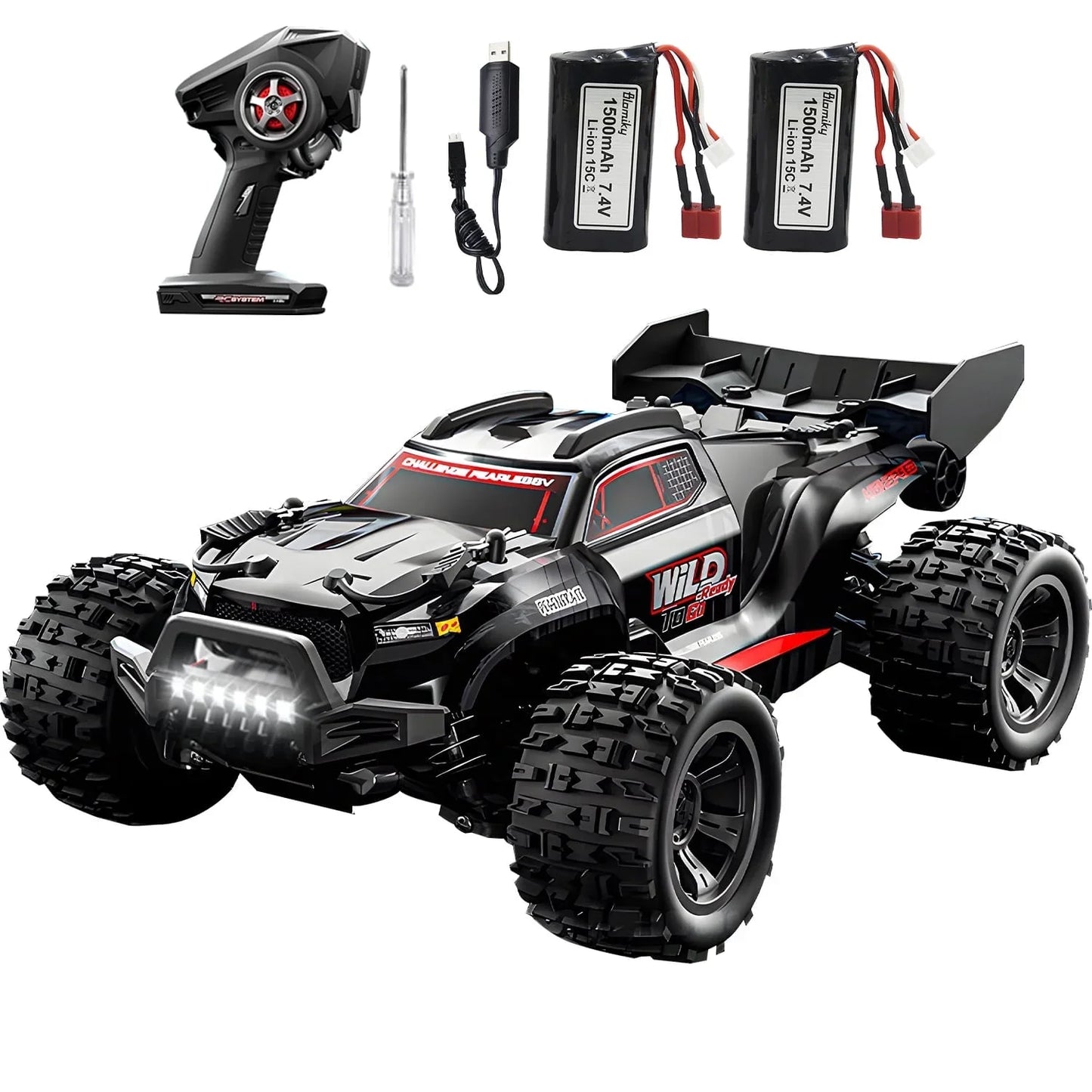1/16RC Offroad Truck-Durable Beginner RC Car, High Speed 40 Km/h, Remote Control Monster Truck with 2 Rechargeable 7.4V 1500 mAh