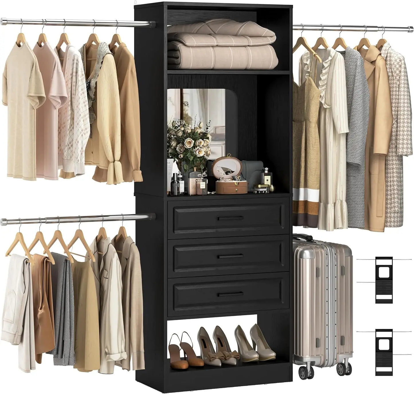 48" W - 96” W Closet System with Mirror, 8FT Walk in Closet Organizer Kits with Drawers and 3 Extendable Hanging Rod,