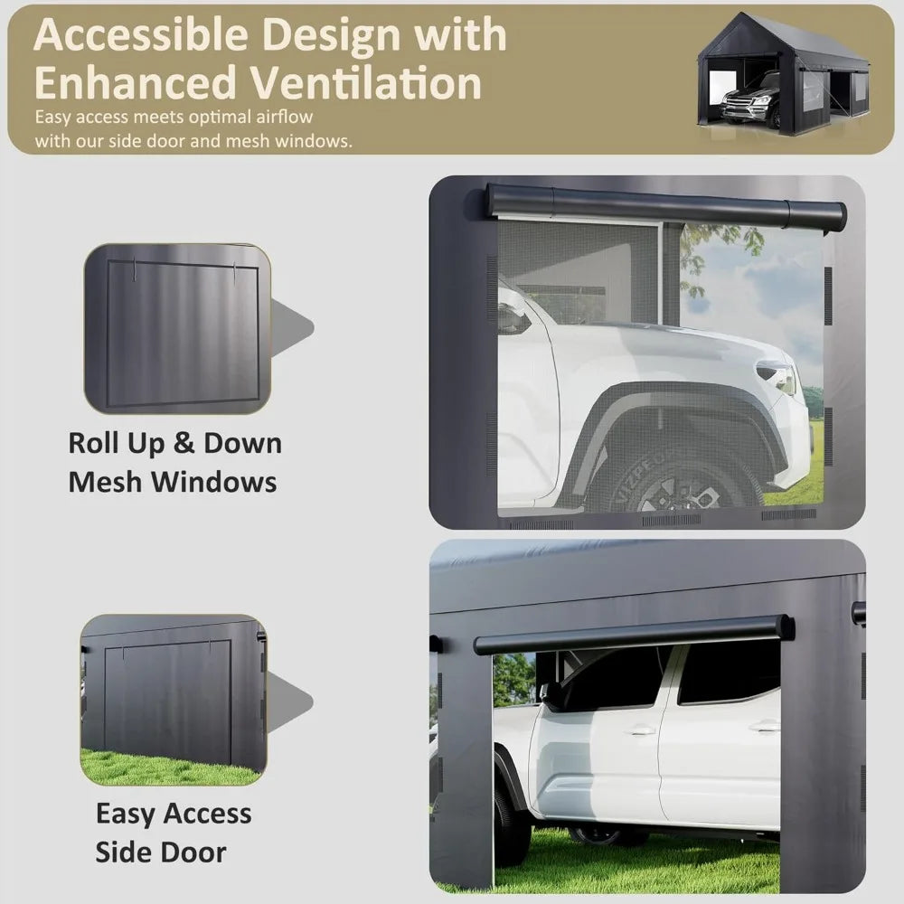Carport 12' x 20' Heavy Duty Portable Garage, Carport Canopy with Side-Opening Door & Roll-Up Windows, Car Canopy Reinforced Fou