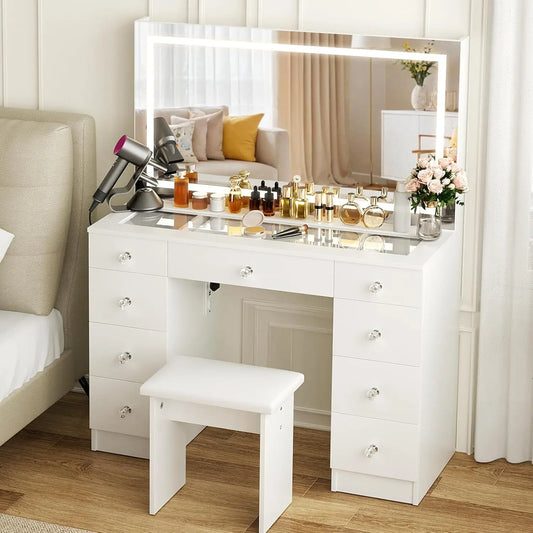Glass Top Vanity Desk Lighted Mirror Power Outlet 9 Drawers 3 Color Lighting Adjustable Brightness Cushioned Stool 43 Customized