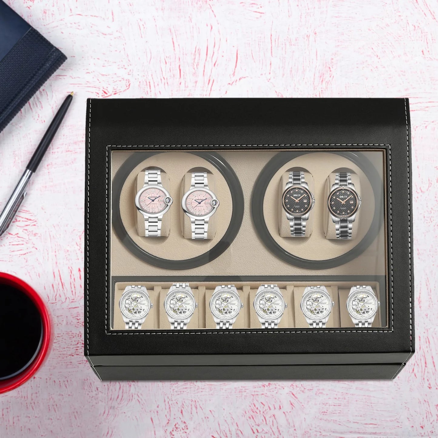 Automatic Watch Winder Display Box, 4+6  Rotation Leather Wood Watch Winder Collector Display Box Watch Case, Black