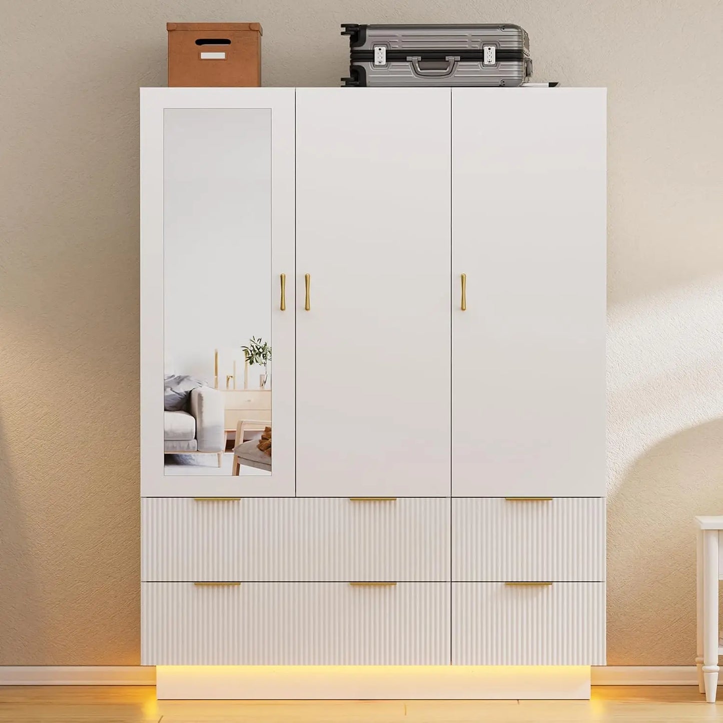 Armoire Wardrobe Closet with 3 Door, Bedroom Armoires with Mirror and LED Lights, Hanging Rod, Drawers, Large Capacity Storage W