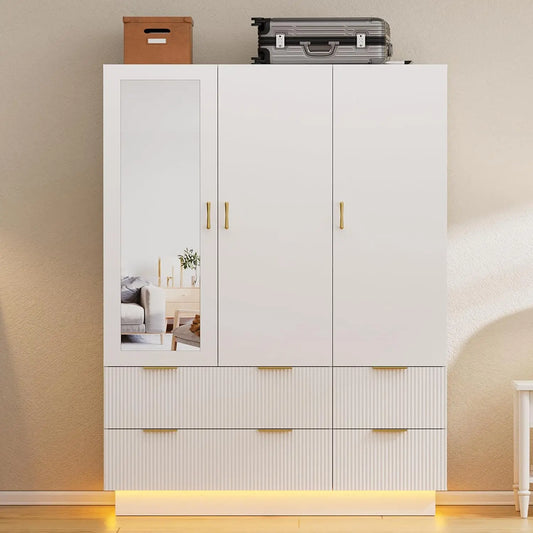 Armoire Wardrobe Closet with 3 Door, Bedroom Armoires with Mirror and LED Lights, Hanging Rod, Drawers, Large Capacity Storage W