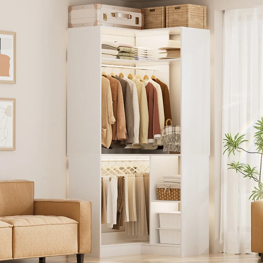 L Shaped Corner Closet Organizer System Garment Rack with Shelves & Hanging Rod
