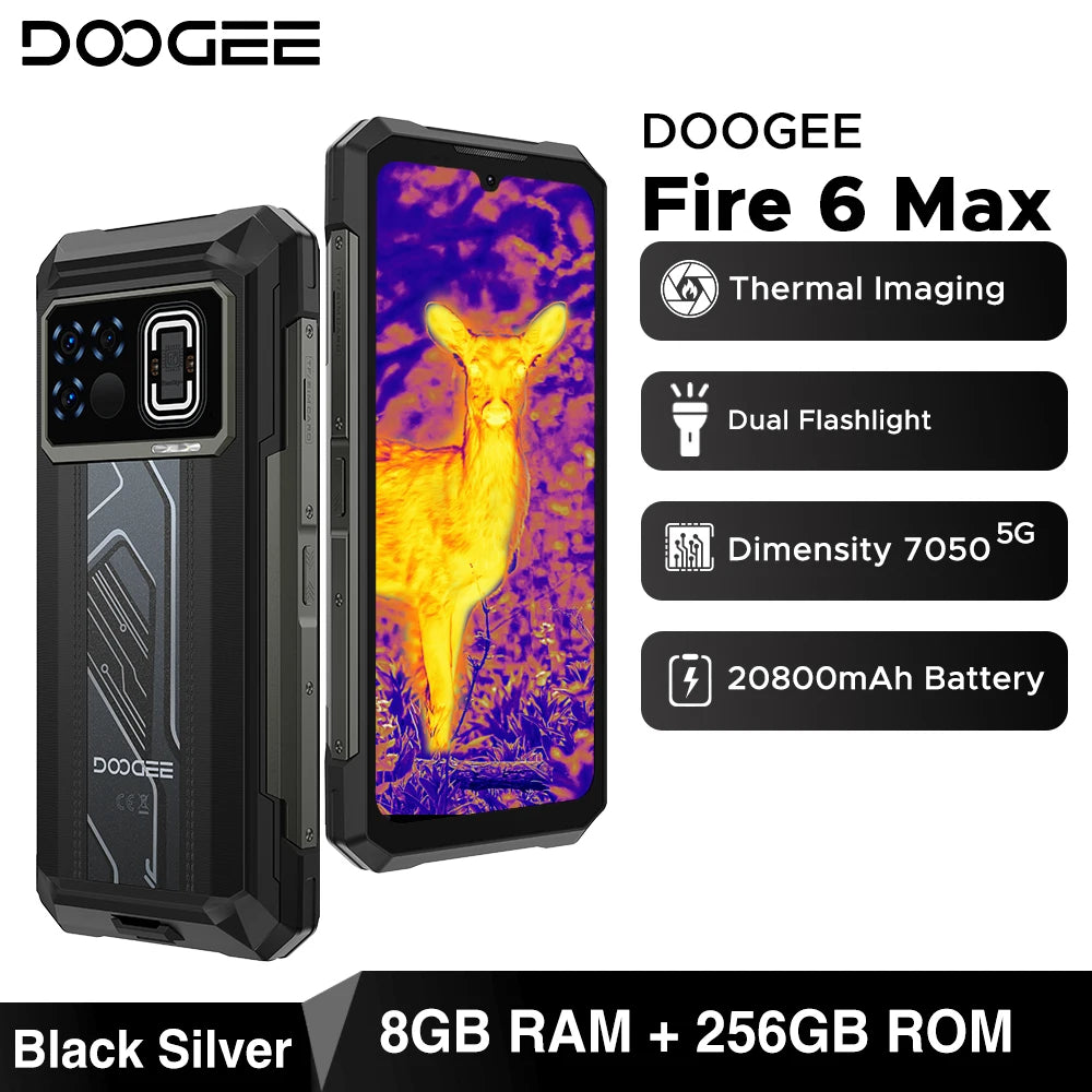 DOOGEE Fire 6 Max 5G Rugged Phone Dimensity 7050 Thermal Imaging 6.72” Dual Flashlight 20800mAh Battery 8GB 256GB Cellphone