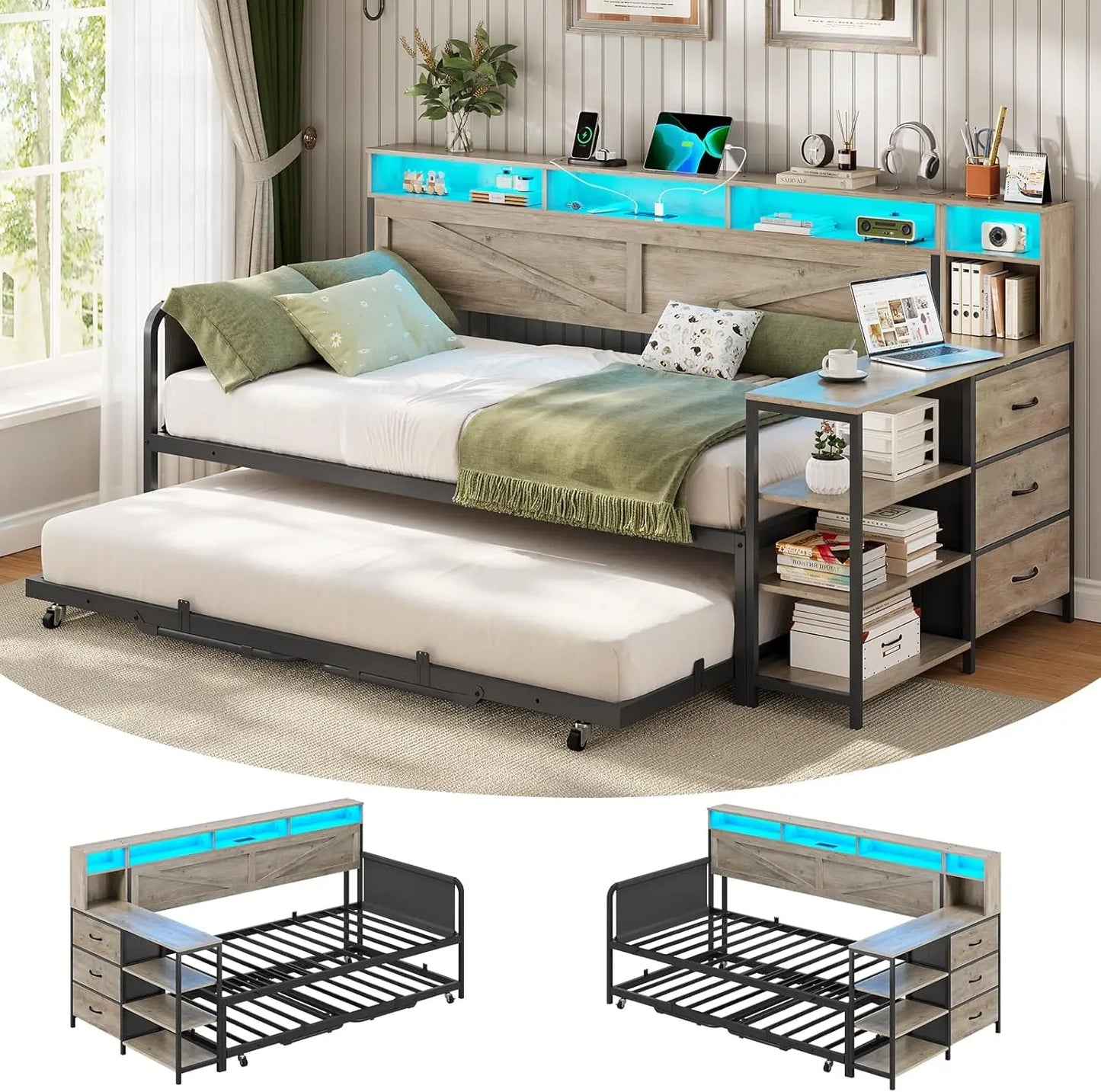 Daybed Twin with Pop Up Trundle, Farmhouse Wooden Day Bed Frame with 3 Storage Drawers and Shelves, Twin to King Daybedy