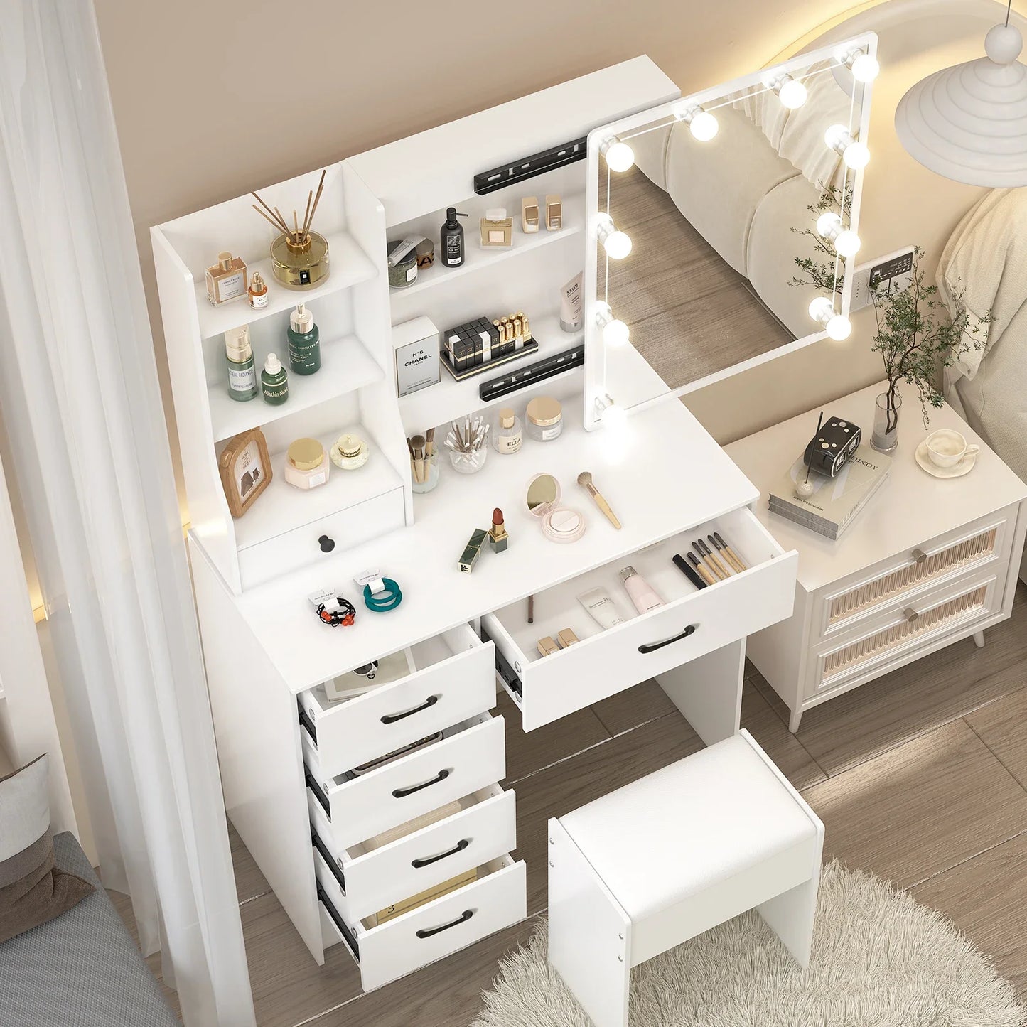 White Vanity Dressing Table Set with Sliding Mirror 6 Drawers LED Lights 3 Color Dimmable Stool Storage Makeup Desk for Bedroom