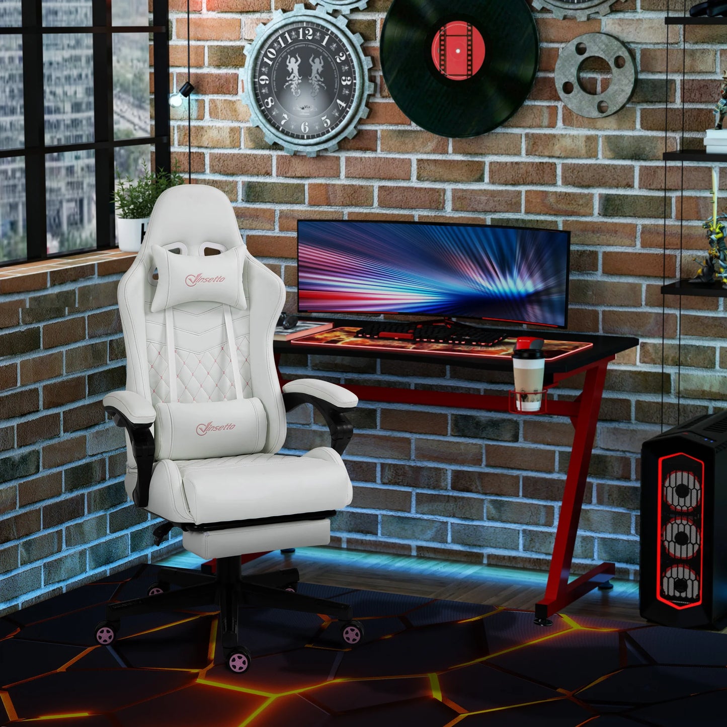 Racing Gaming Chair W/ Padded Arms, Pu Leather Gamer Recliner Home Office White