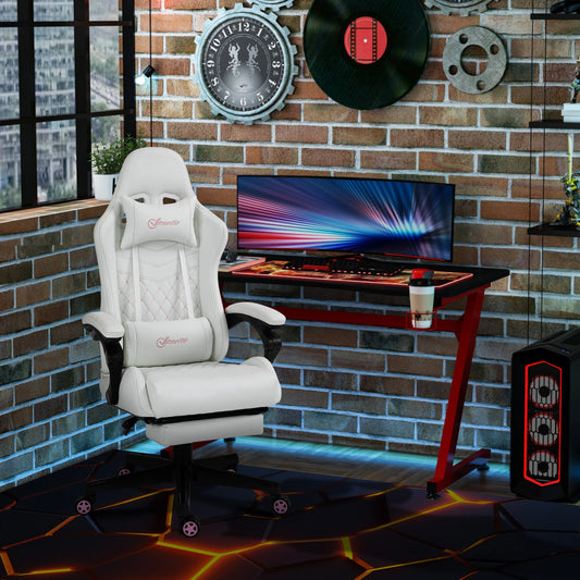 Racing Gaming Chair W/ Padded Arms, Pu Leather Gamer Recliner Home Office White