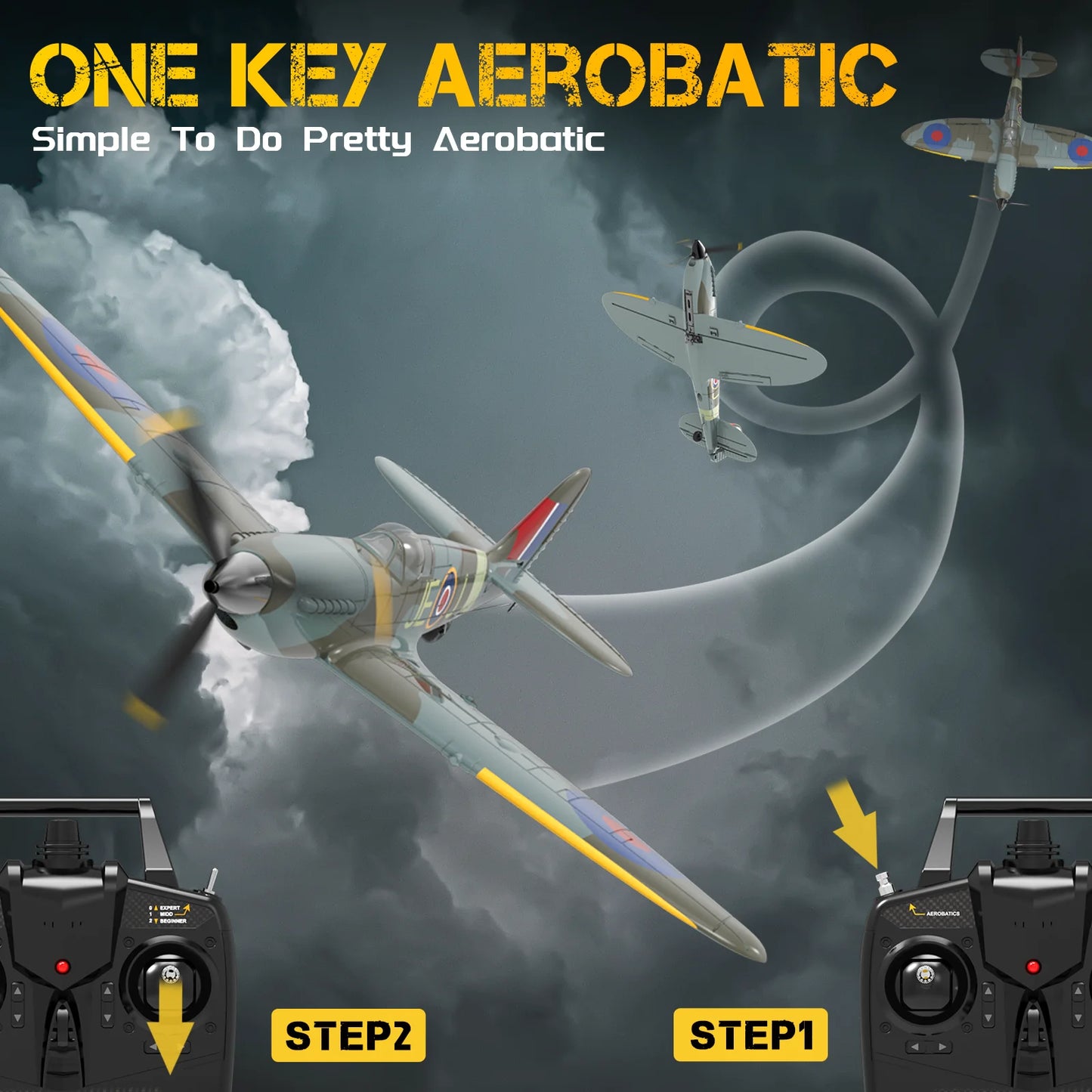 VOLANTEXRC 4-CH RC Plane, SpitfireV2 rtf Remote Control Airplane,One-Key Aerobatic,Suitable for Outdoors and Gifts