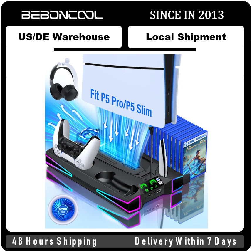 BEBONCOOL S7001 Vertical Stand For NEW PlayStation 5 Slim/PlayStation 5 Cooling Station Notebook-Grade Cooler PS5 Charger