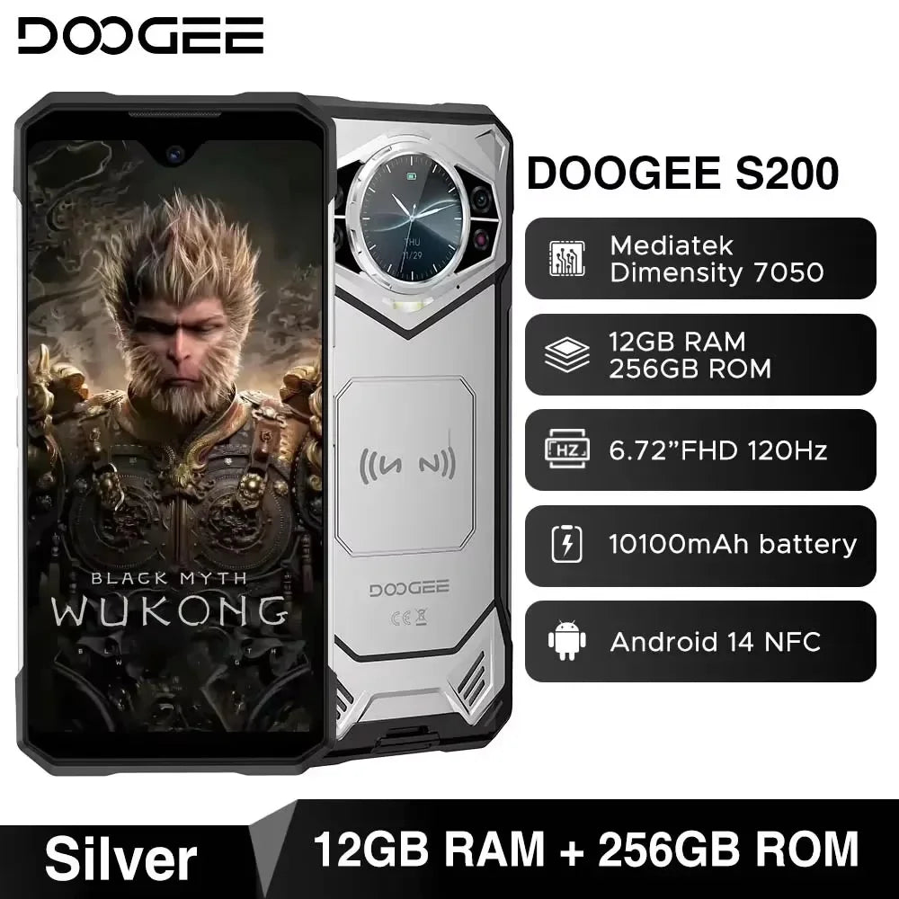 DOOGEE S200 5G Rugged Phone 6.72" Dimensity 7050 12GB RAM 256GB ROM 100MP AI Main Camera 10100mAh Battery NFC Smartphone
