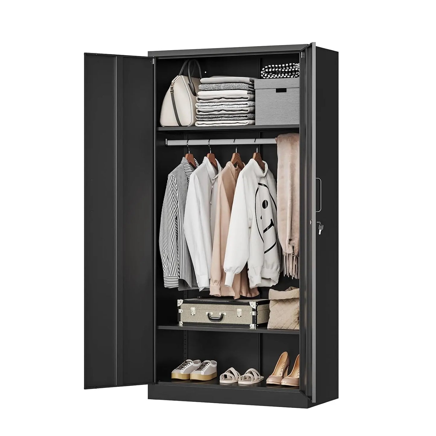 Wardrobe Closet with 2 Doors, 72" Metal Clothing Storage Cabinets with Hanging Rod, Bedroom Armoires Laundry Room, Customized