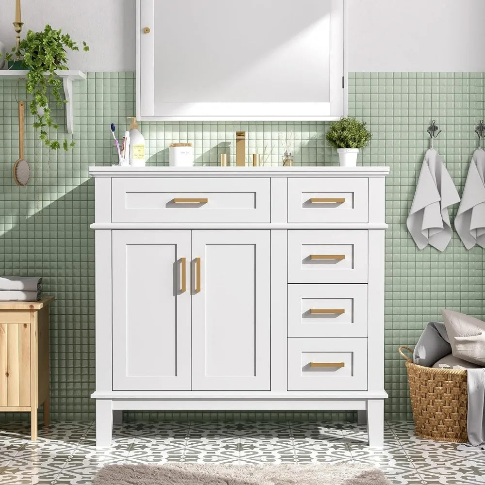freestanding 36" solid wood bathroom vanity with ceramic sink and 4 drawers