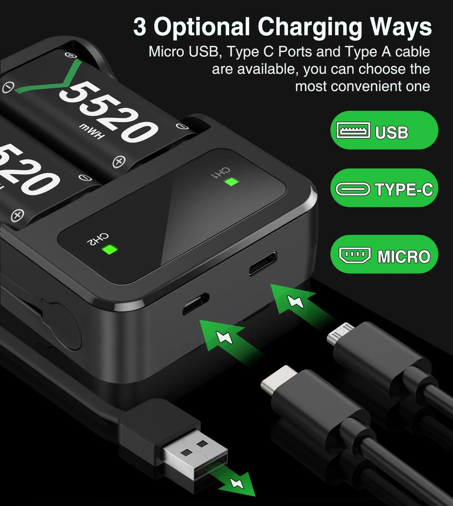 BEBONCOOL 2X5520 mWh Rechargable Battery For XBOX Controller Charger For XBOX Serise S/X XBOX ONE S/X/Elite Gamepad Battery Pack