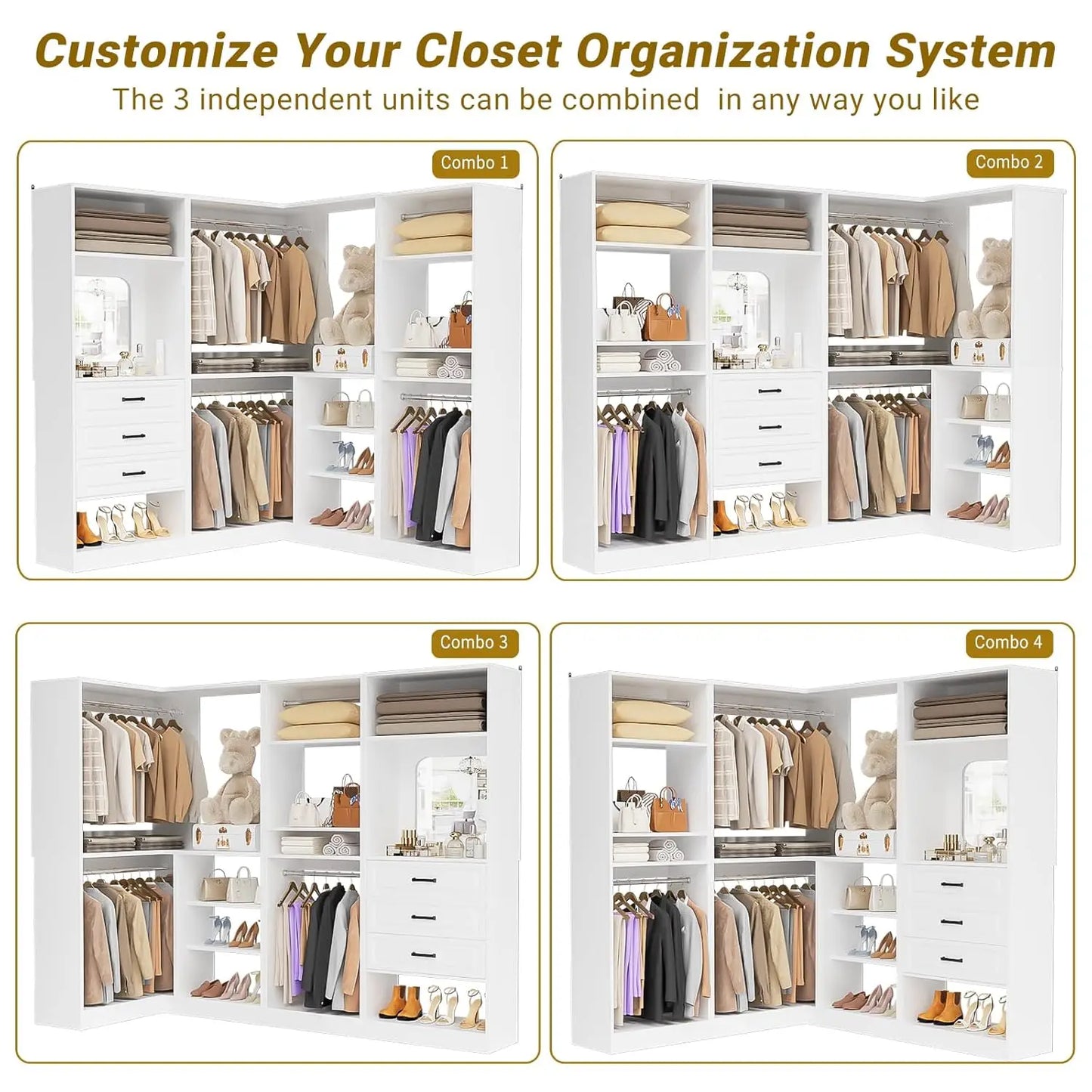 86in Corner Closet Organizer Wood with Drawers Mirror Rods Shelves Walk-in, Customized
