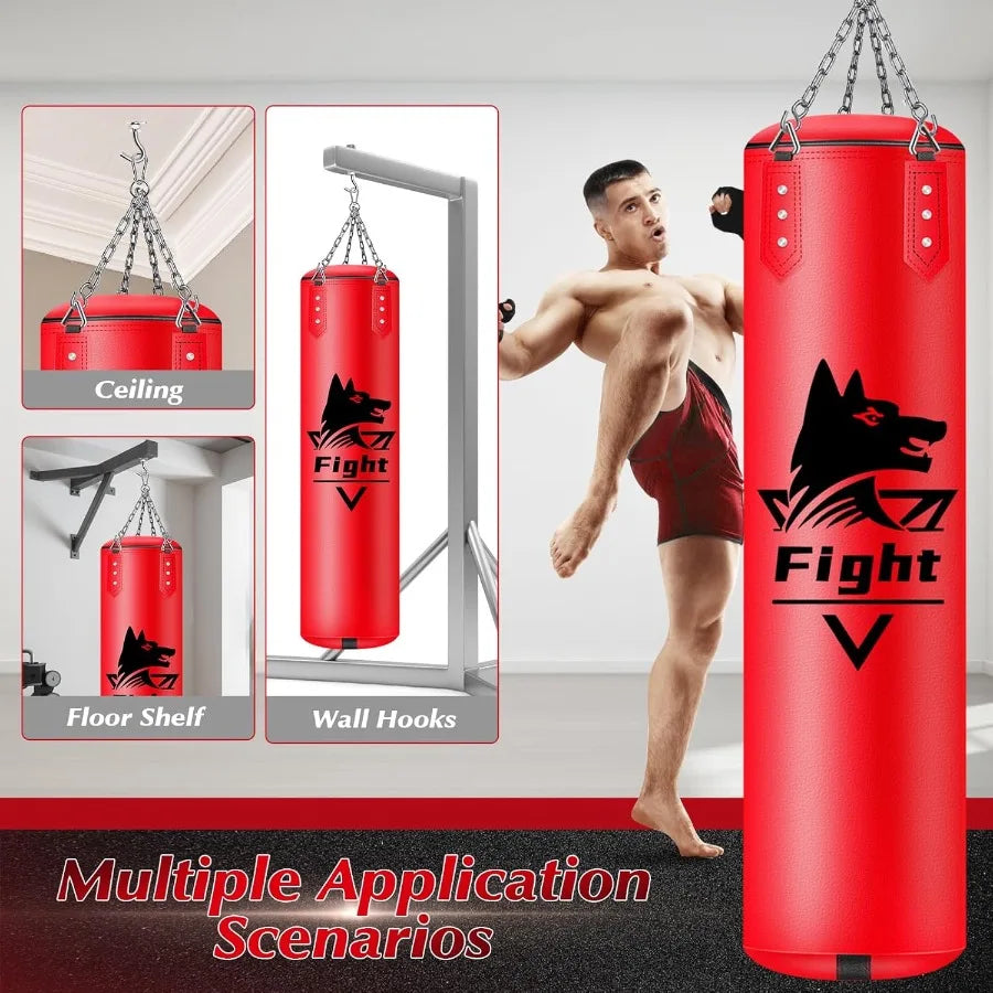 4FT Hanging Punching Bag for Adults Super PU Leather Boxing Training Equipment Heavy Bag with 12OZ MMA Gloves Unfilled Kicking