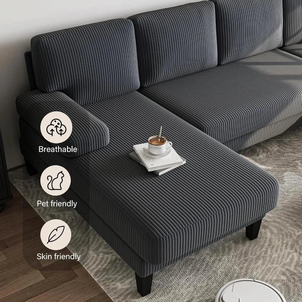 112'' Corduroy U Shaped Couch with Sleeper Lounge Chaise, 4 Seat Modern Comfy Sectional Sofa Couches for Living Room