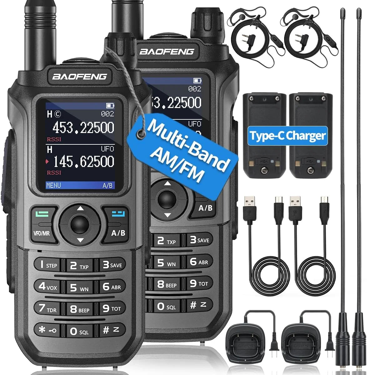 2x UV-21R Air Band Walkie Talkie Wireless Copy Frequency Type-C 999 Channels NOAA Long Range AM For UV-21 PRO Ham Radio