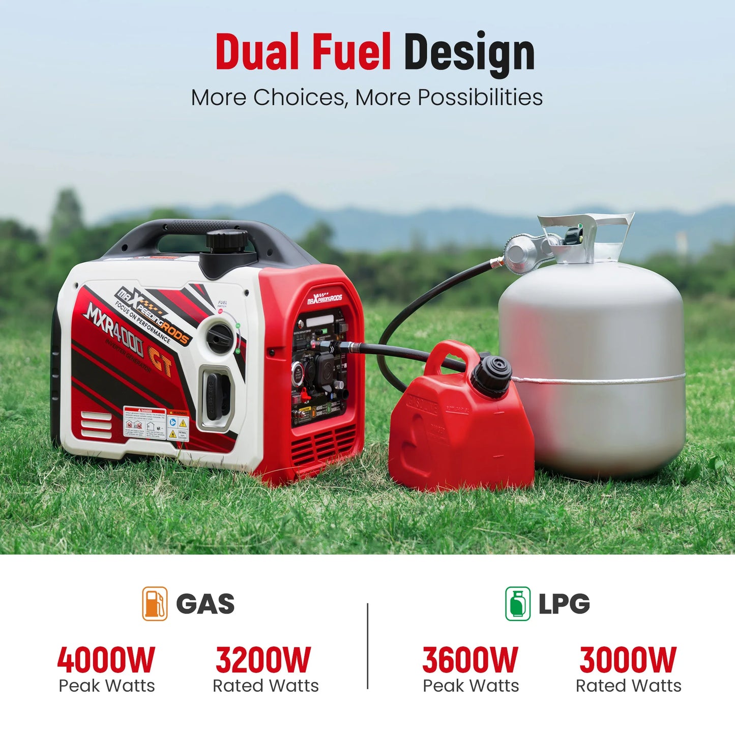 4KW Portable Dual Fuel Generator Inverter LPG/Gas Bluetooth E-Start 58dB Portable Power Generator