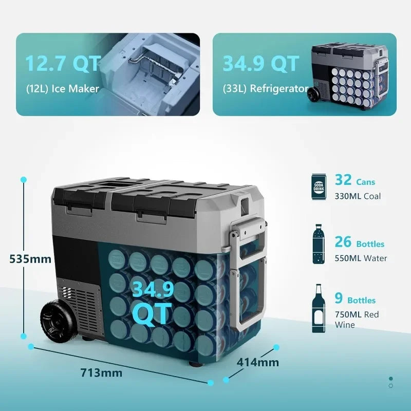 HOME.12 Volt Refrigerator with Ice Maker, 48QT(45L) Electric Cooler Usable Battery Dual Zone, Car Refrigerator APP Control, 12