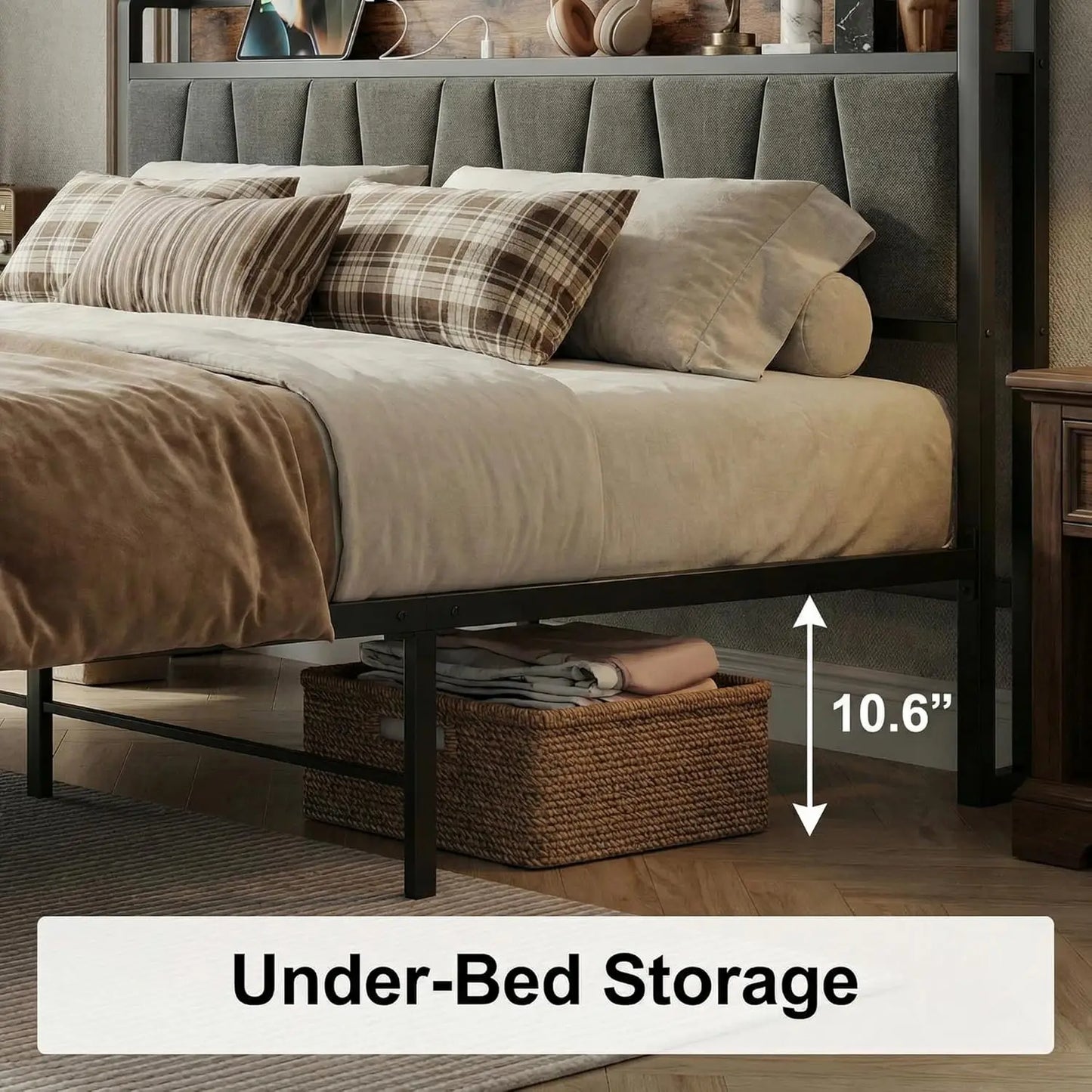 King Size Platform Bed Frame with Storage Headboard, Charging Station, Drawers, Easy Assembly in Industrial Brown and Gray