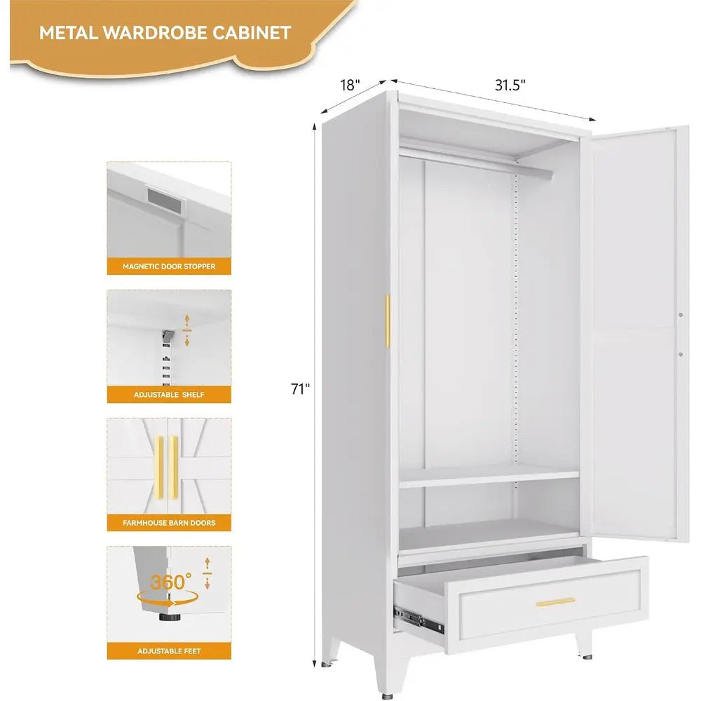 Metal Wardrobe Closet or Bedroom, 71" reestanding Armoire Wardrobe with Der and Shel, Hanging Rod Clothing Storage Cabinet with